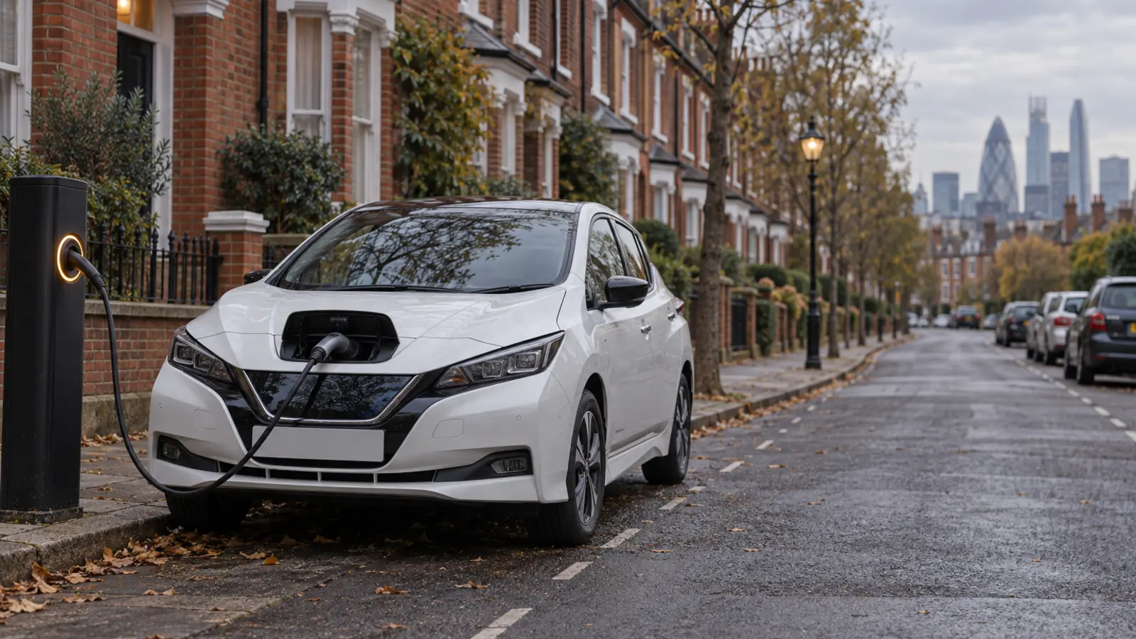 Electric hatchback charging at a kerbside post on a London street