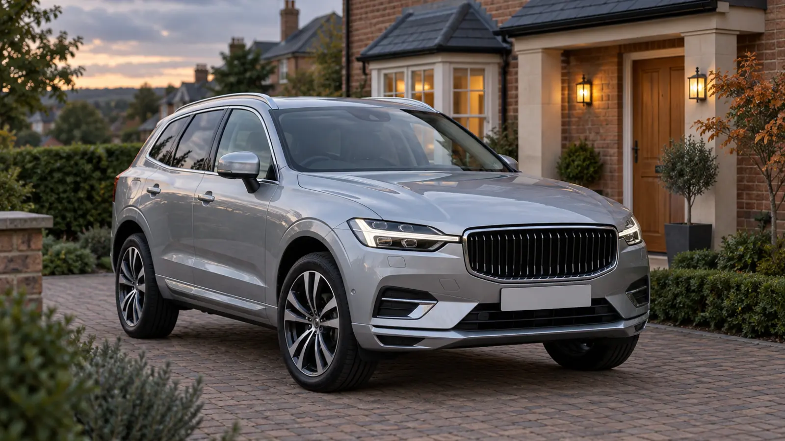 New silver SUV parked on the driveway of a brick suburban house
