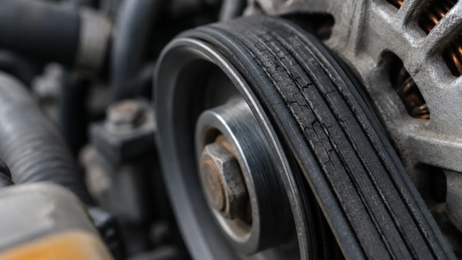 Close-up of a worn ribbed auxiliary belt on an alternator pulley