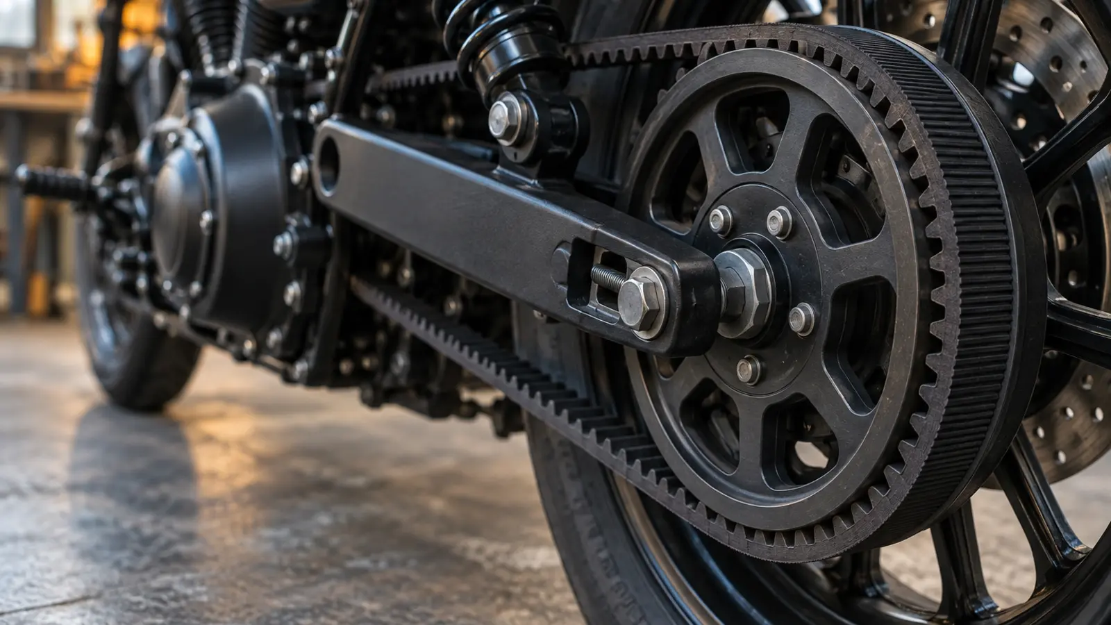 Rear toothed drive belt and pulley of a cruiser motorcycle
